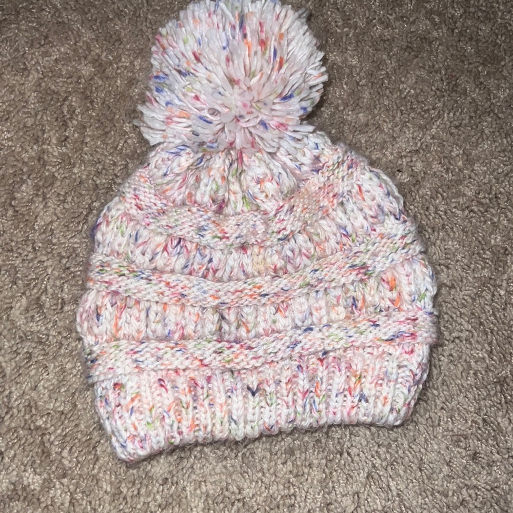 Multi color puff ball beanie